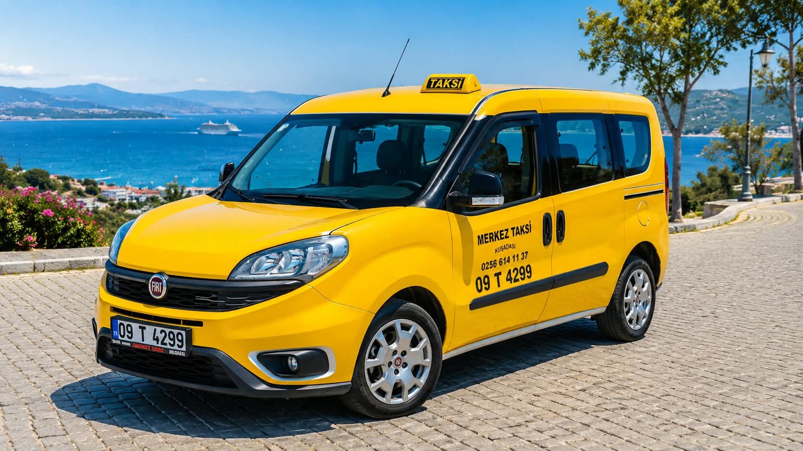 Akın Taxi über Kuşadası, Kreuzfahrtschiff in der Bucht