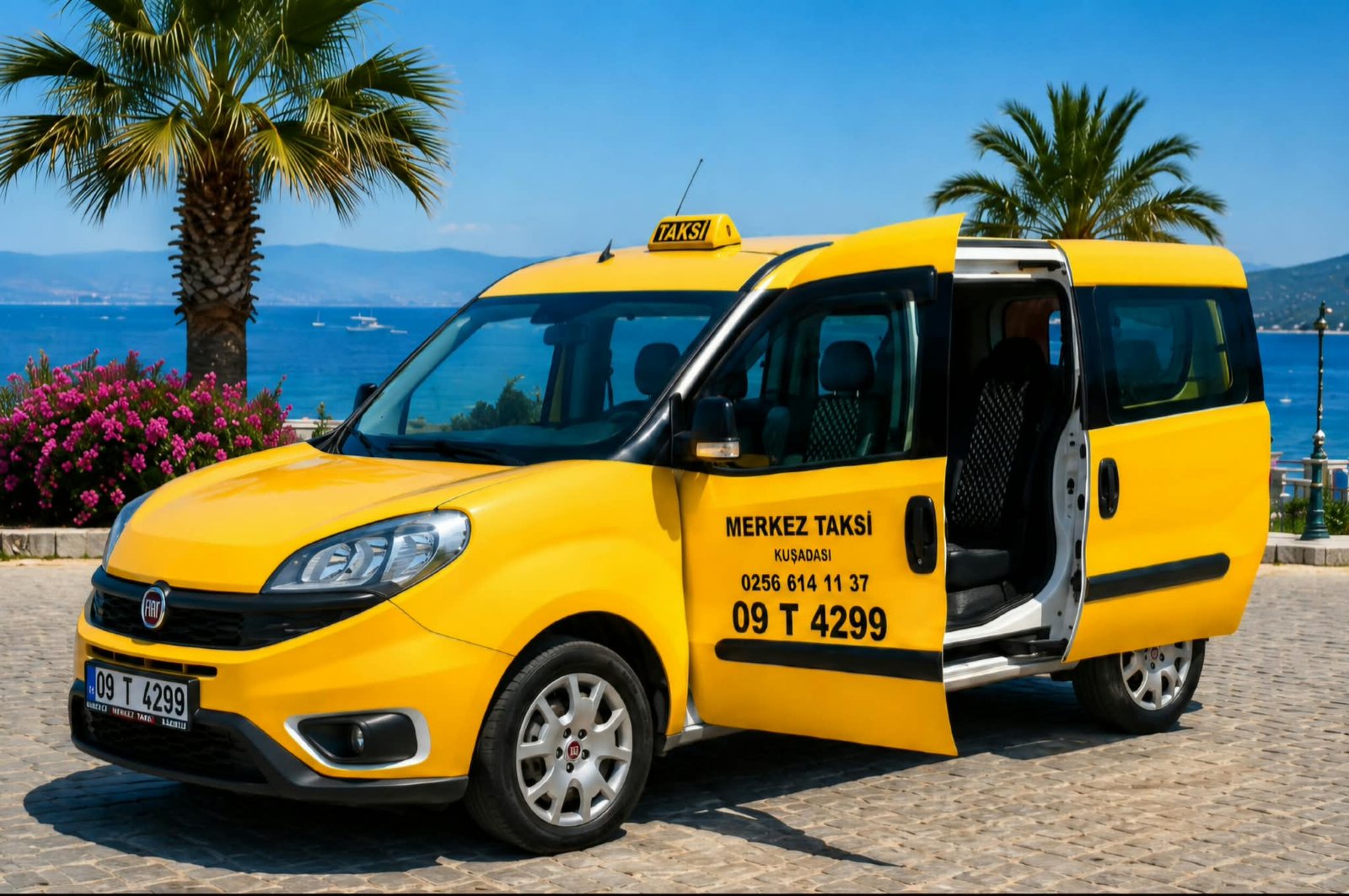 Gelber Fiat Doblo Van von Akın Taxi mit offener Schiebetür, 7-Sitzer